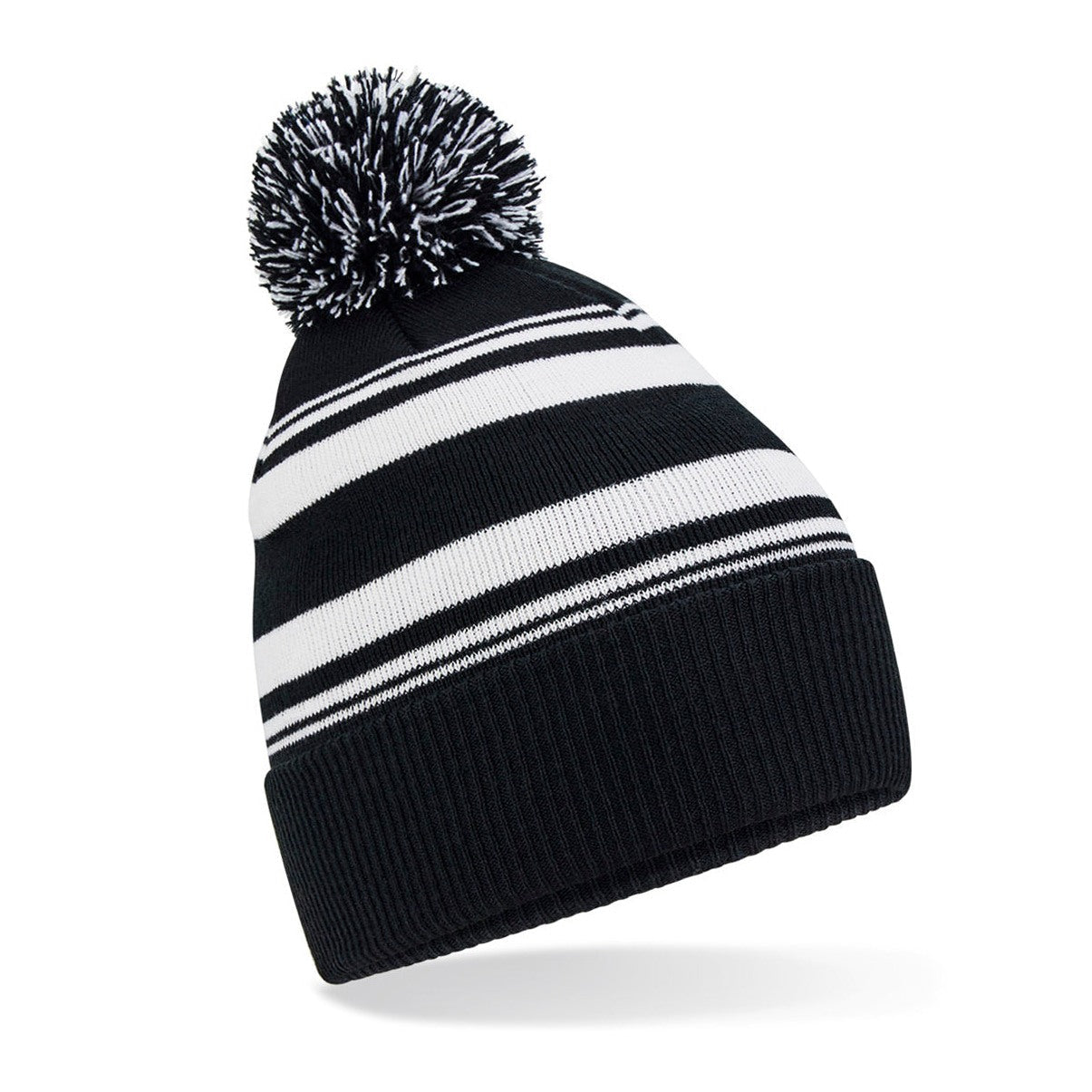Beechfield Striped Fan Beanie Hat with Pom Pom Recycled Polyester Cuffed Design