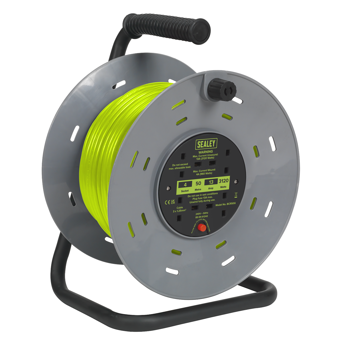 Sealey 50m Cable Reel with Thermal Trip 4 x 230V Sockets Portable Green