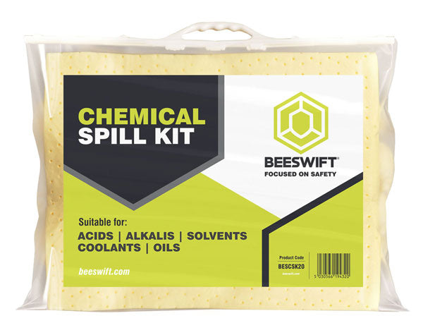 Beeswift 20L Chemical Spill Kit with Absorbent Pads and Socks, Resealable Bag