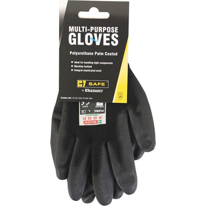 Bsafe Multi-Purpose PU Coated Gloves Black Nylon Elasticated Wrist EN388 Rated