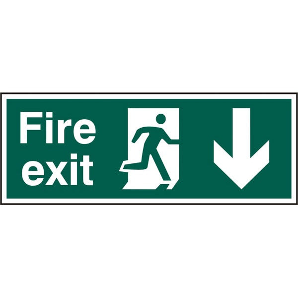 Bsafe Green Fire Exit Sign Man Arrow Down Right Rigid PVC 400x150mm Pack of 5