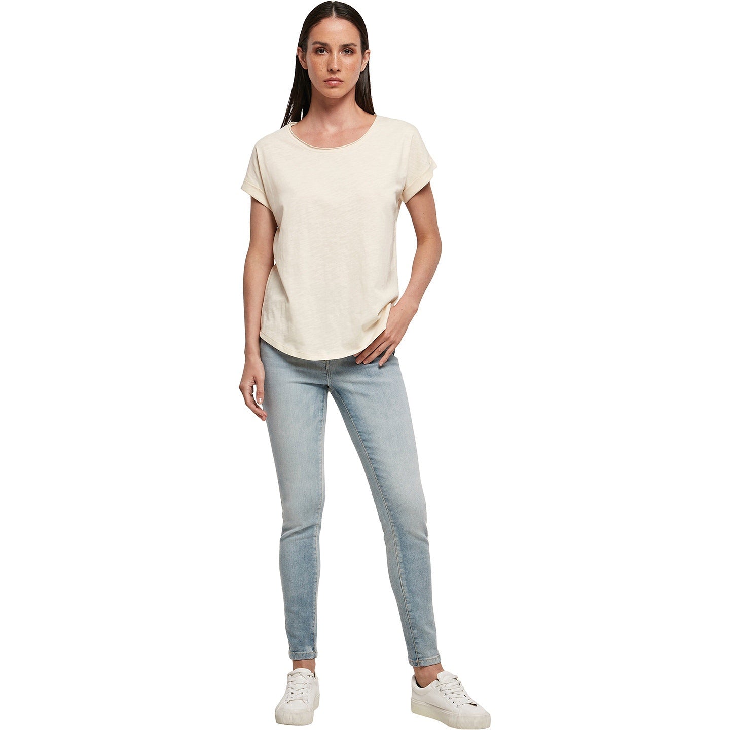 Build Your Brand Women's Long Slub Tee Oversized Sleeves Rounded Hem Cotton