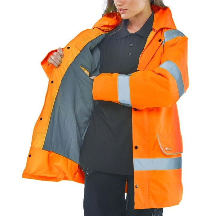 Beeswift Fleece Lined Traffic Jacket PU Coated Polyester Concealed Hood Class 3