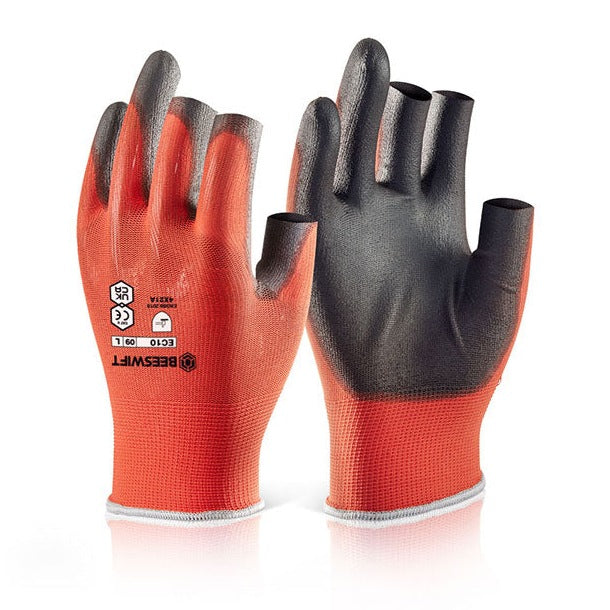 Beeswift PU Coated 3 Fingerless Gloves Red 10 Pack EN388 Abrasion Cut Resistant
