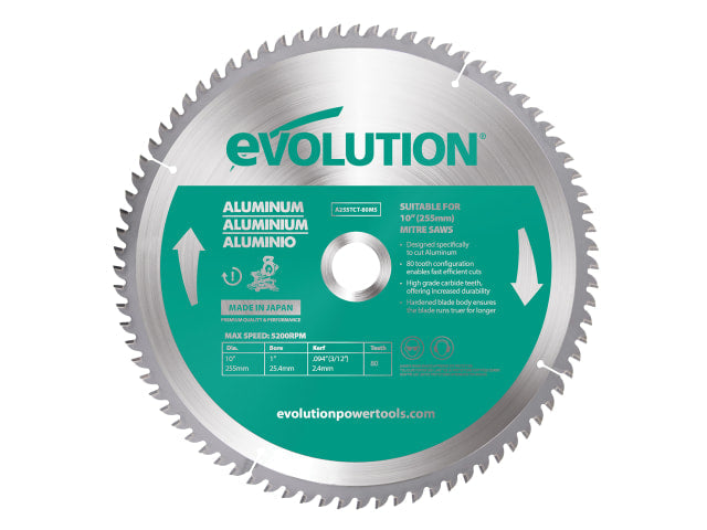 Evolution 255mm Aluminium Cutting Mitre Saw Blade 80T Tungsten Carbide