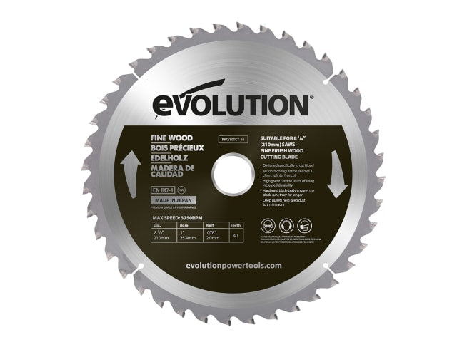 Evolution 210mm Fine Wood Mitre/Table Saw Blade 40T for Smooth Cuts