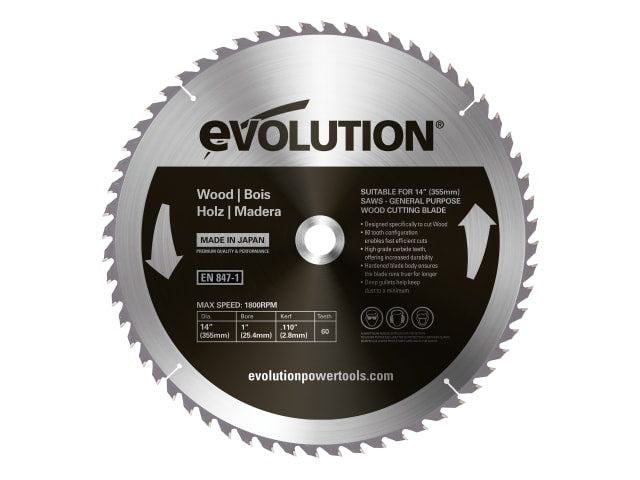 Evolution 355mm Wood Cutting Circular Saw Blade 60T Carbide-Tipped 25.4mm Bore