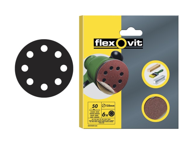 Flexovit 125mm Hook & Loop Sanding Discs Coarse 50G Pack of 6 for Wood Metal