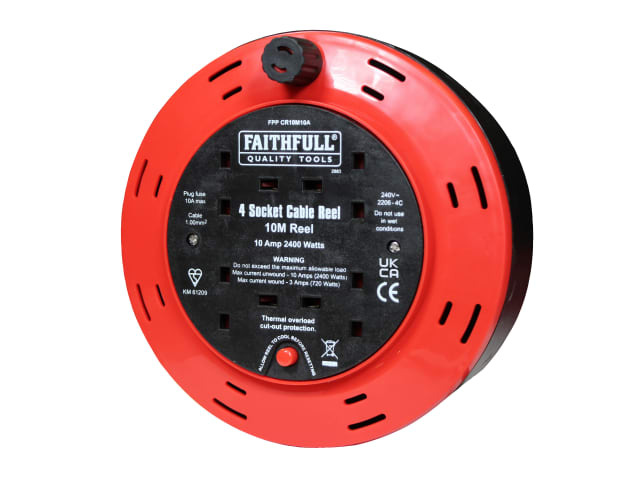 Faithfull Power Plus 10m Cable Reel 240V 10A 4-Socket with Thermal Protection