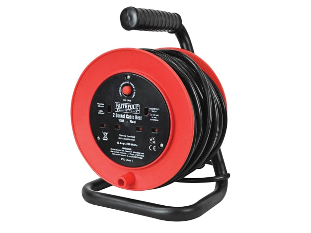 Faithfull Power Plus 15m Open Drum Cable Reel 240V 13A 2-Socket Heavy Duty