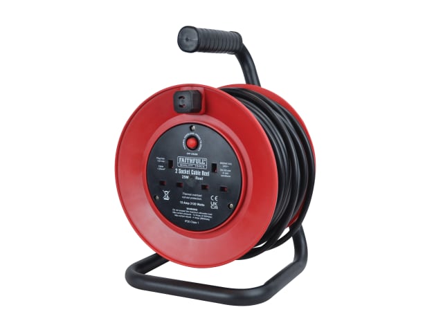 Faithfull Power Plus 25m Open Drum Cable Reel 240V 13A 2-Socket Heavy Duty