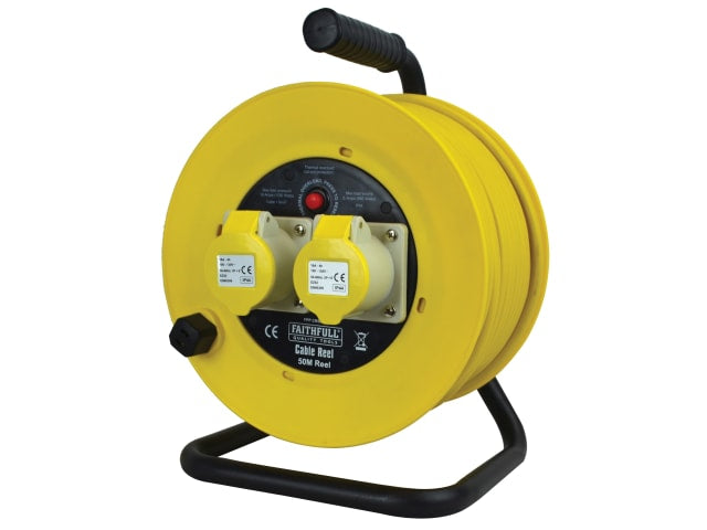 Faithfull Power Plus 110V Open Drum Cable Reel 50m 16A 2-Socket 1.5mm