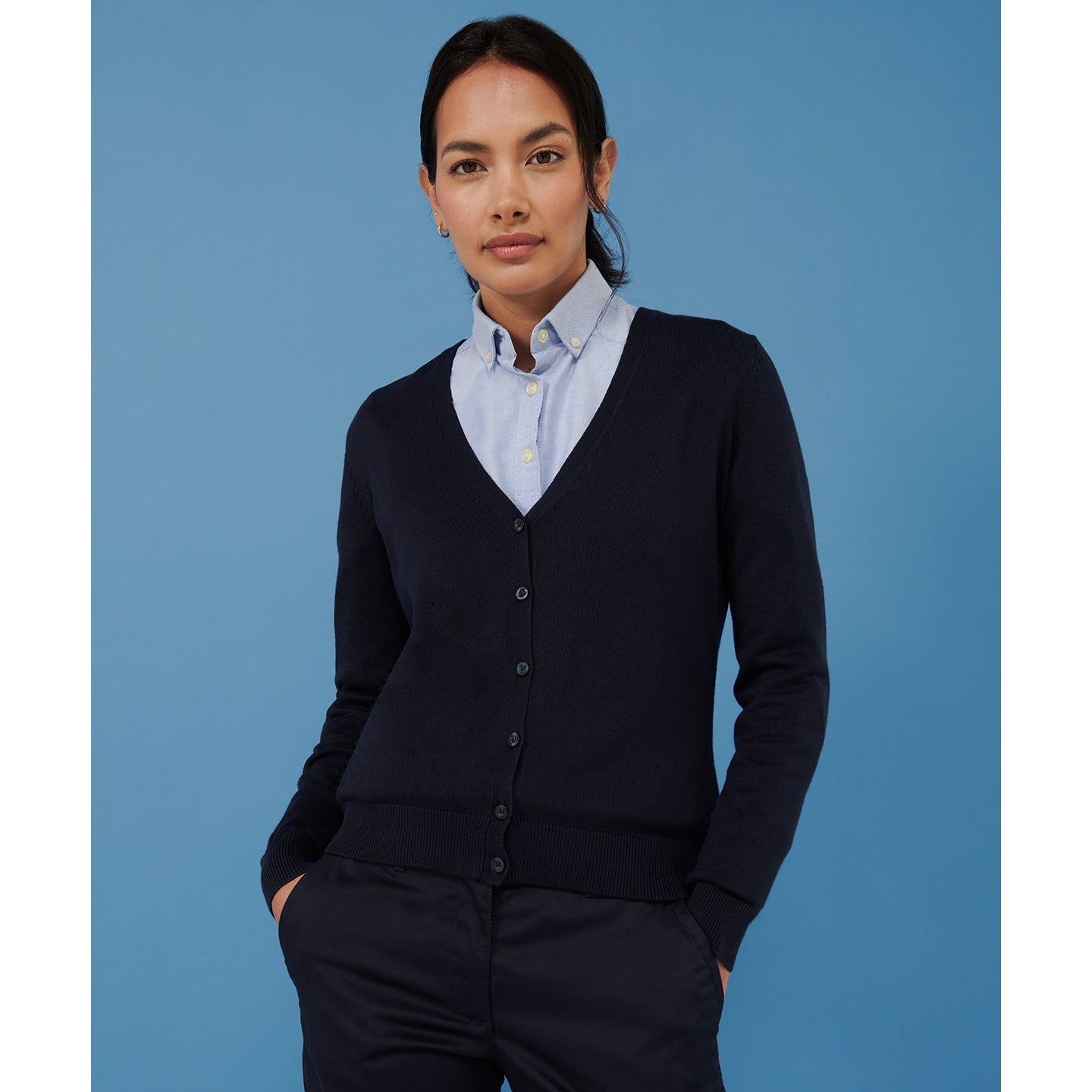 Henbury Women's V-Neck Cardigan Fine Knit + Pearlized Buttons Corporate Colours