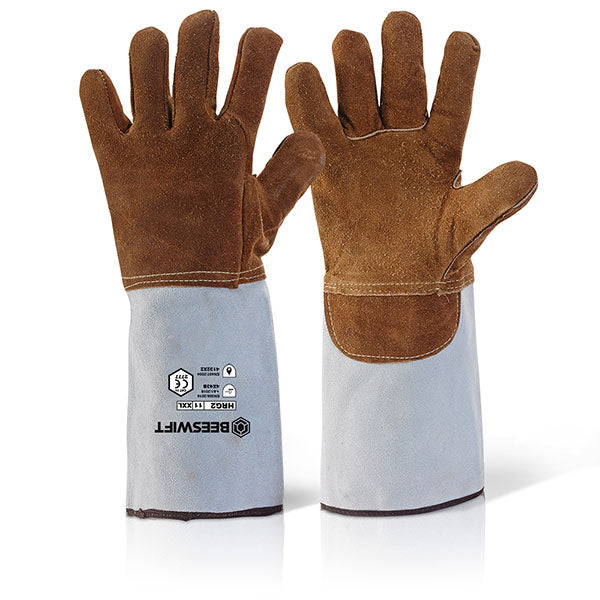 Beeswift Heat Resistant Gauntlet Brown Leather 20cm Cuff EN388 EN407 Safety