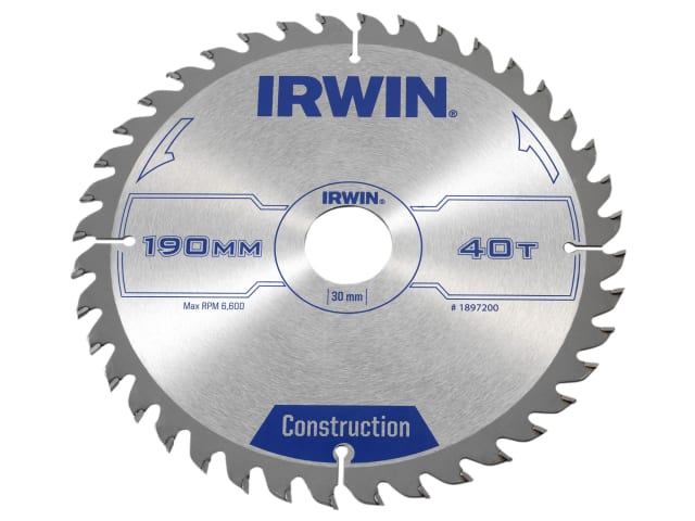 IRWIN Construction Circular Saw Blade 190mm 30mm Bore 40T ATB Durable Edge