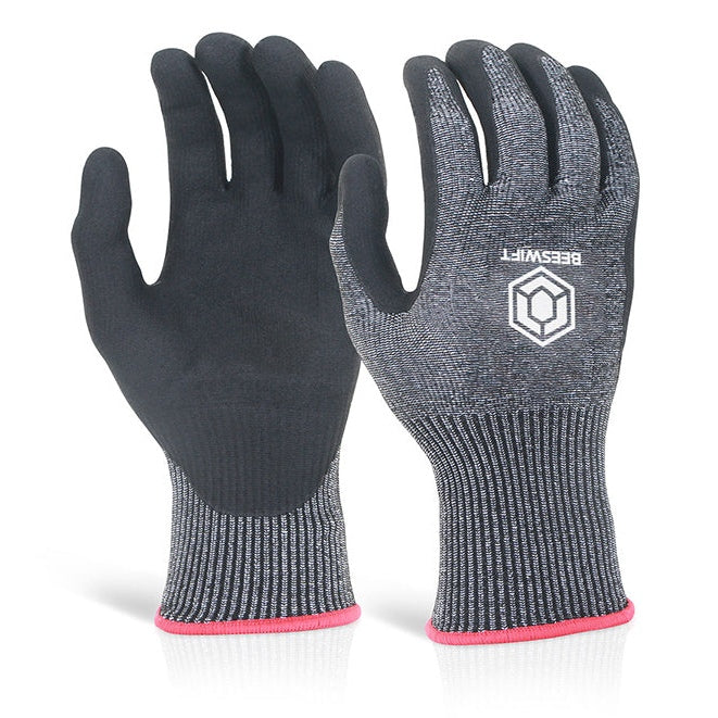 Beeswift Micro Foam Nitrile Gloves Cut Level 5 Large Black High Cut Resistance