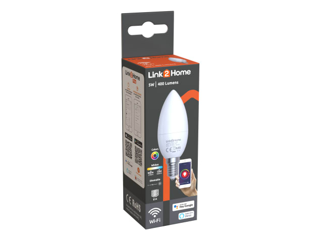 Link2Home Wi-Fi LED Dimmable E14 Opal Candle Bulb 5W RGB 400lm Smart Light