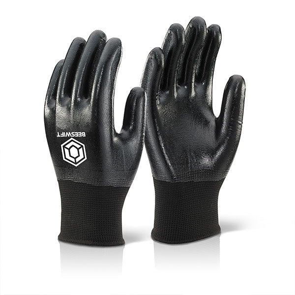 Beeswift Nitrile Coated Gloves Black Polyester Heavy Duty Liquid Proof EN388