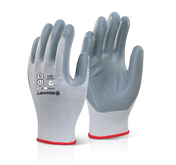Beeswift Nitrile Foam Nylon Gloves Grey Lightweight Dexterity EN388 Rated