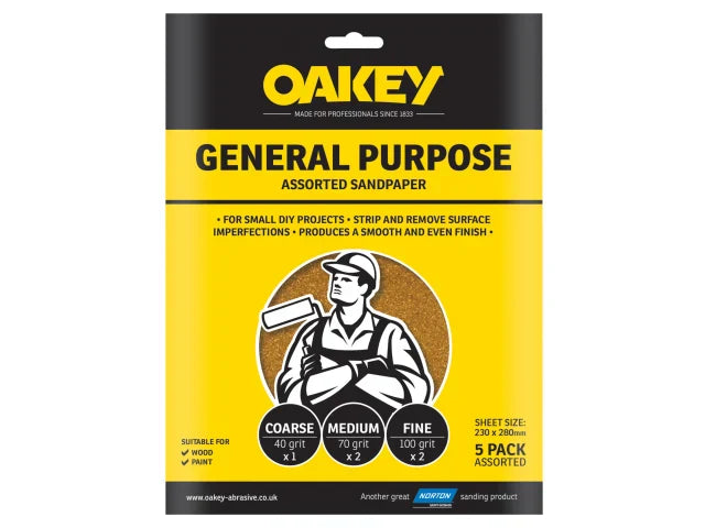 Oakey Glasspaper Sanding Sheets 230x280mm Coarse Extra Coarse 40G Pack of 5