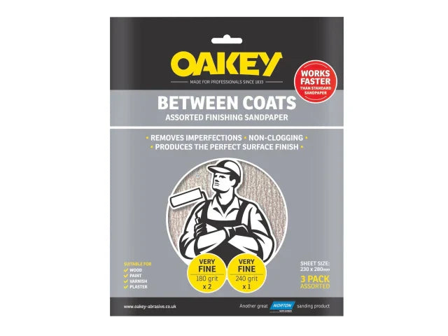 Oakey Between Coats Finishing Sandpaper 230x280mm Assorted Pack of 3