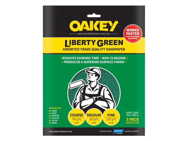 Oakey Liberty Green Aluminium Oxide Sandpaper Sheets 230x280mm Assorted 3 Pack