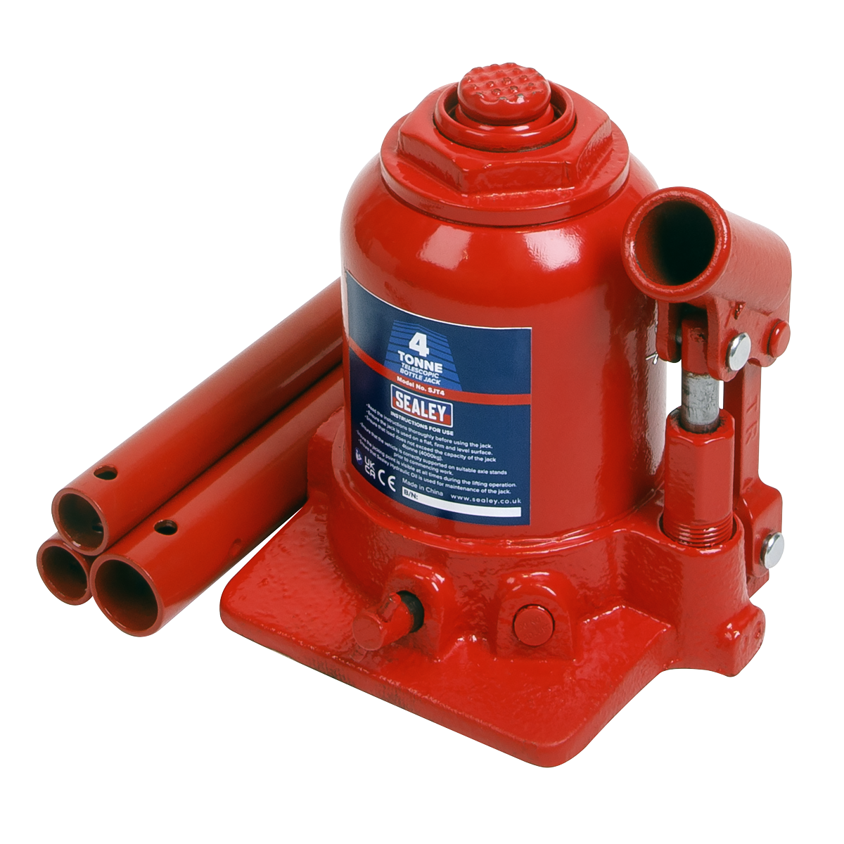 Sealey 4 Tonne Telescopic Bottle Jack with Overload Valve and 3-Piece Handle