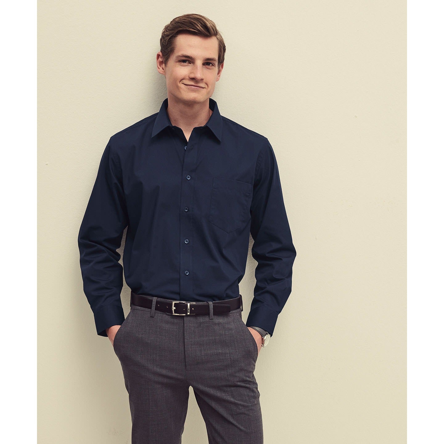Fruit Of The Loom Long Sleeve Poplin Shirt Standard Collar Chest Pocket S-3XL
