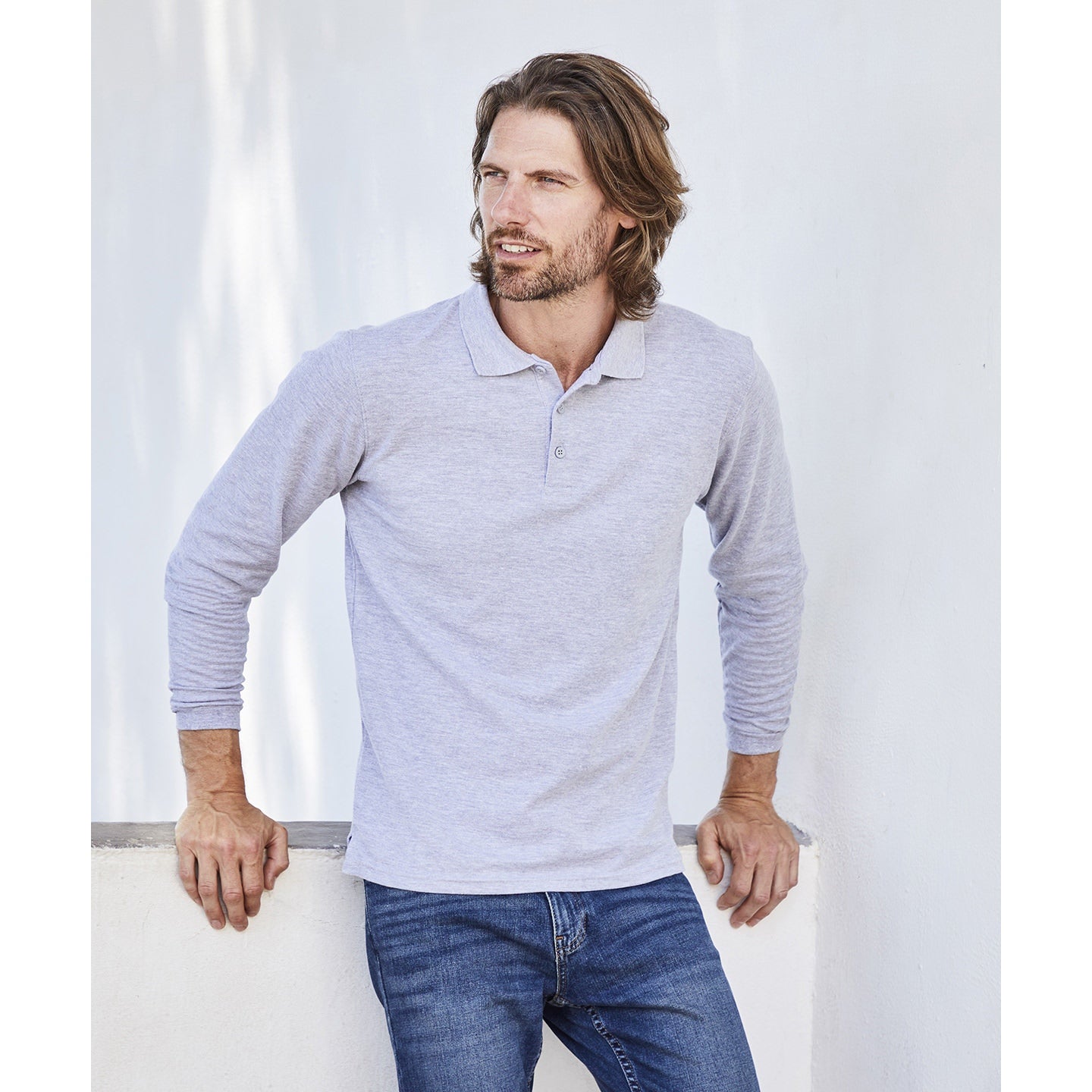 Fruit Of The Loom Premium Long Sleeve Polo Shirt with Side Vents and Rib Cuffs