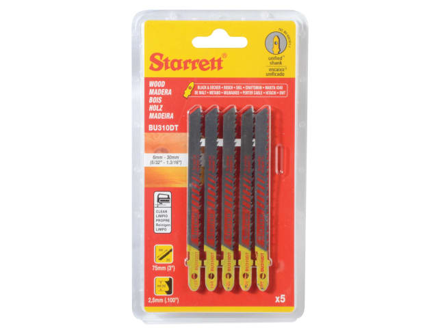 Starrett BU310DT-5 Jigsaw Blades Pack of 5 Wood Cutting 75mm Tapered 10 TPI