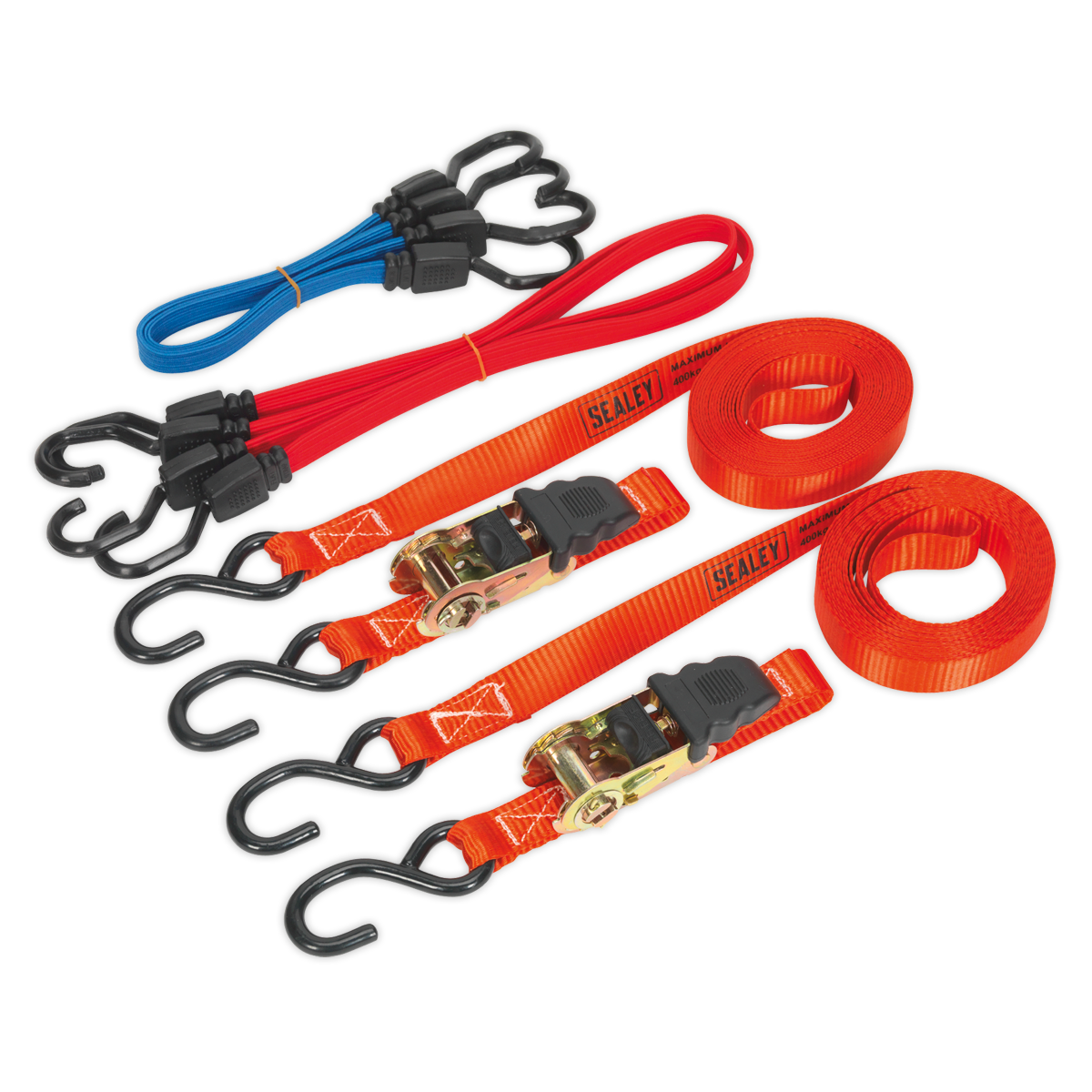 Sealey 6pc Ratchet Strap and Bungee Cord Set 800kg Load Restraint 5m Webbing