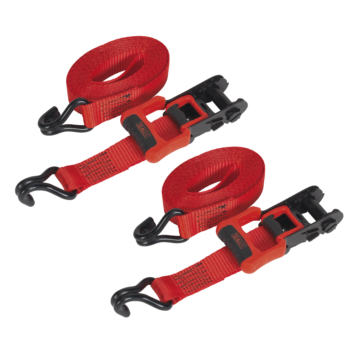 Sealey 32mm Ratchet Straps 4.9m with J-Hooks 1200kg Breaking Strength - 2 Pairs