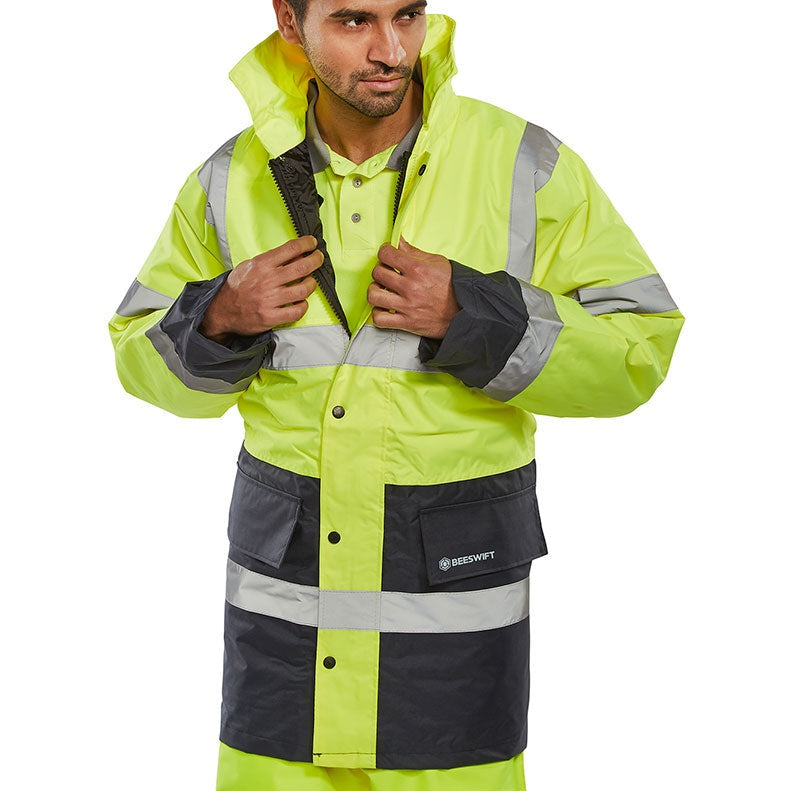 Beeswift Fleece Lined Traffic Jacket PU Coated Concealed Hood Class 3 Safety