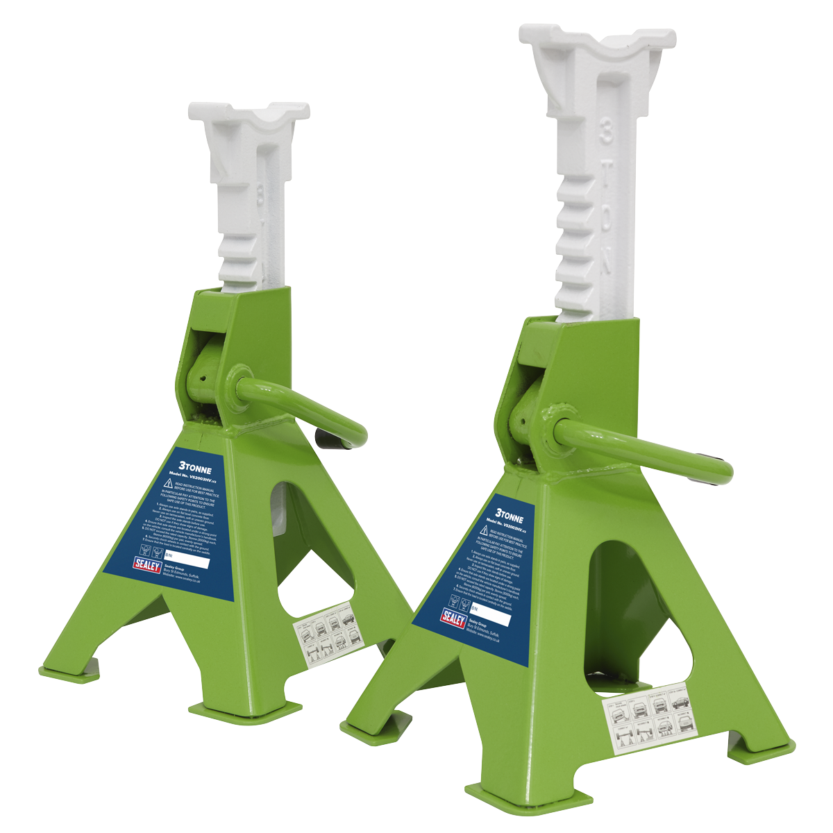 Sealey 3 Tonne Ratchet Axle Stands Pair Hi-Vis Green Cast Iron Support Posts