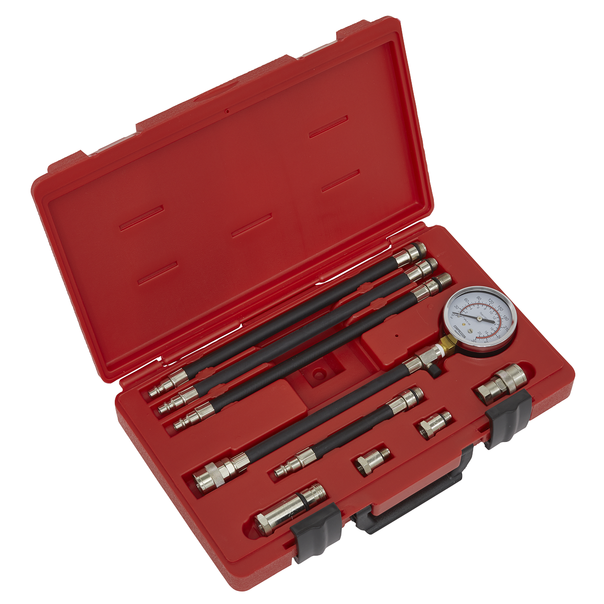 Sealey Petrol Compression Test Kit 10pc with Gauge Hoses and Adaptors VSE206