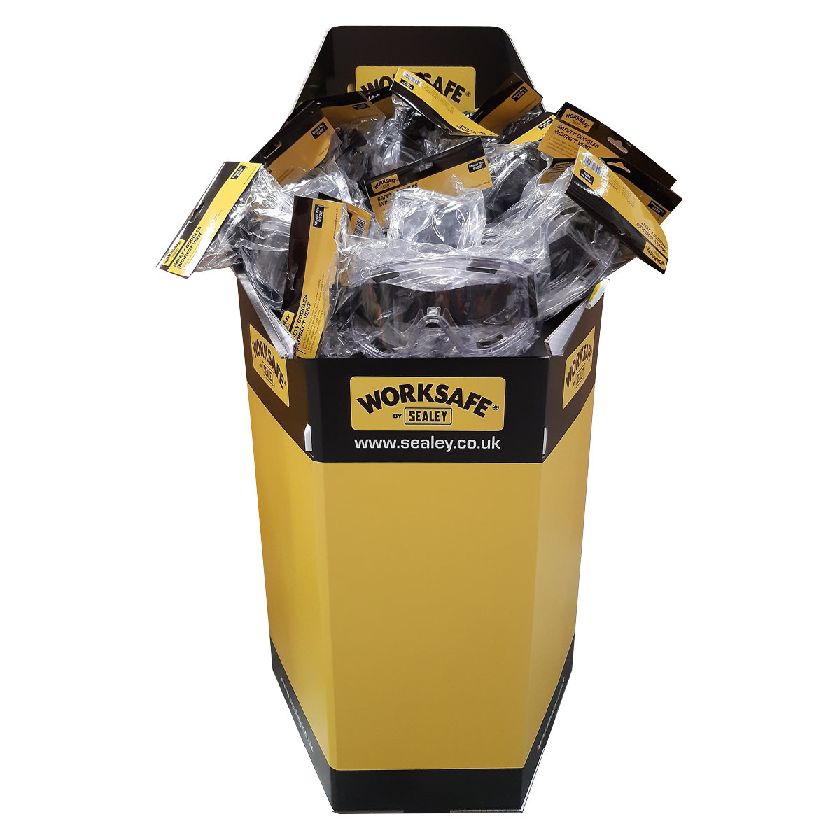 Sealey Worksafe Dump Bin with Premium Indirect Vented Goggles & Over-Spectacles