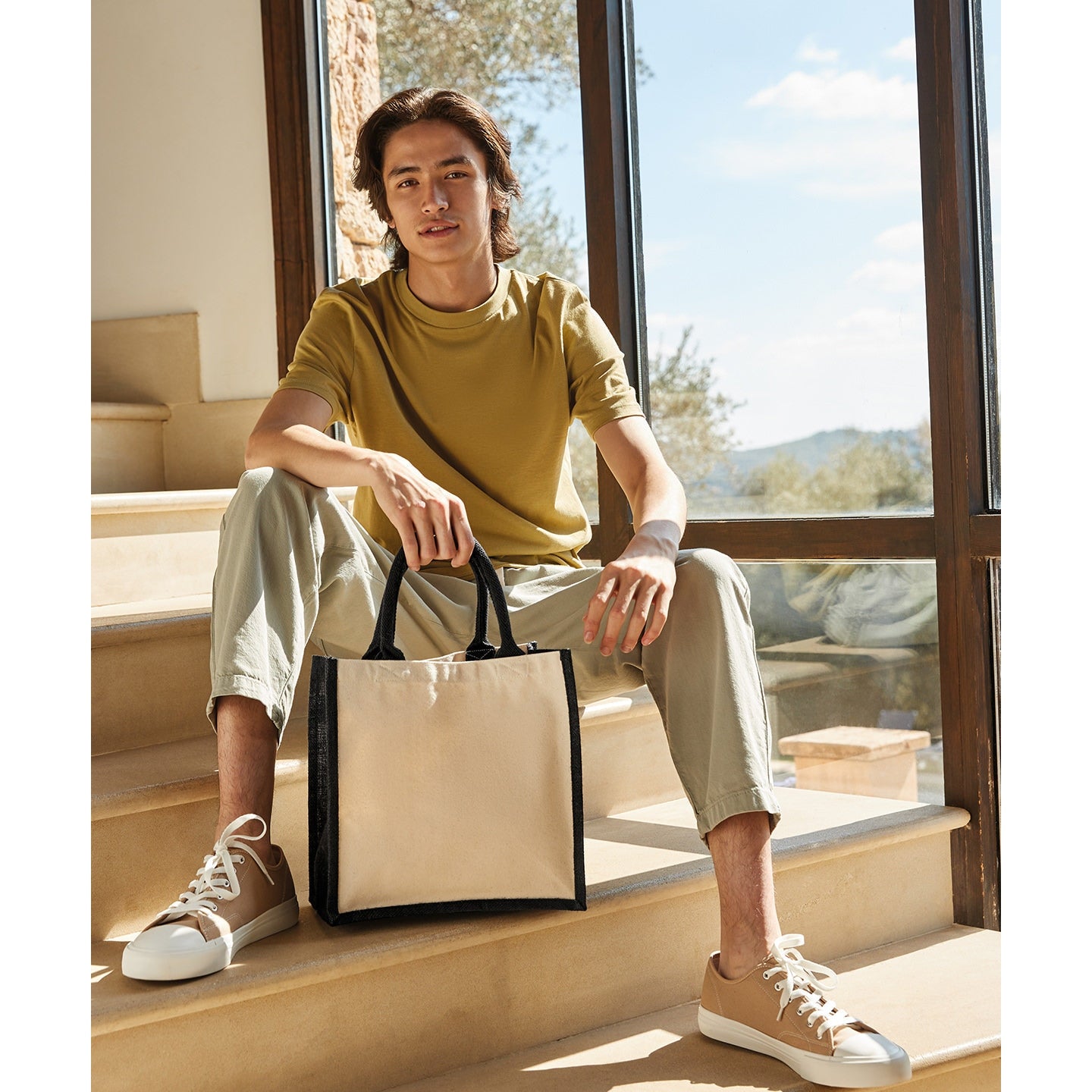 Westford Mill Midi Jute Tote Bag with Cotton Handles and Print-Friendly Panels
