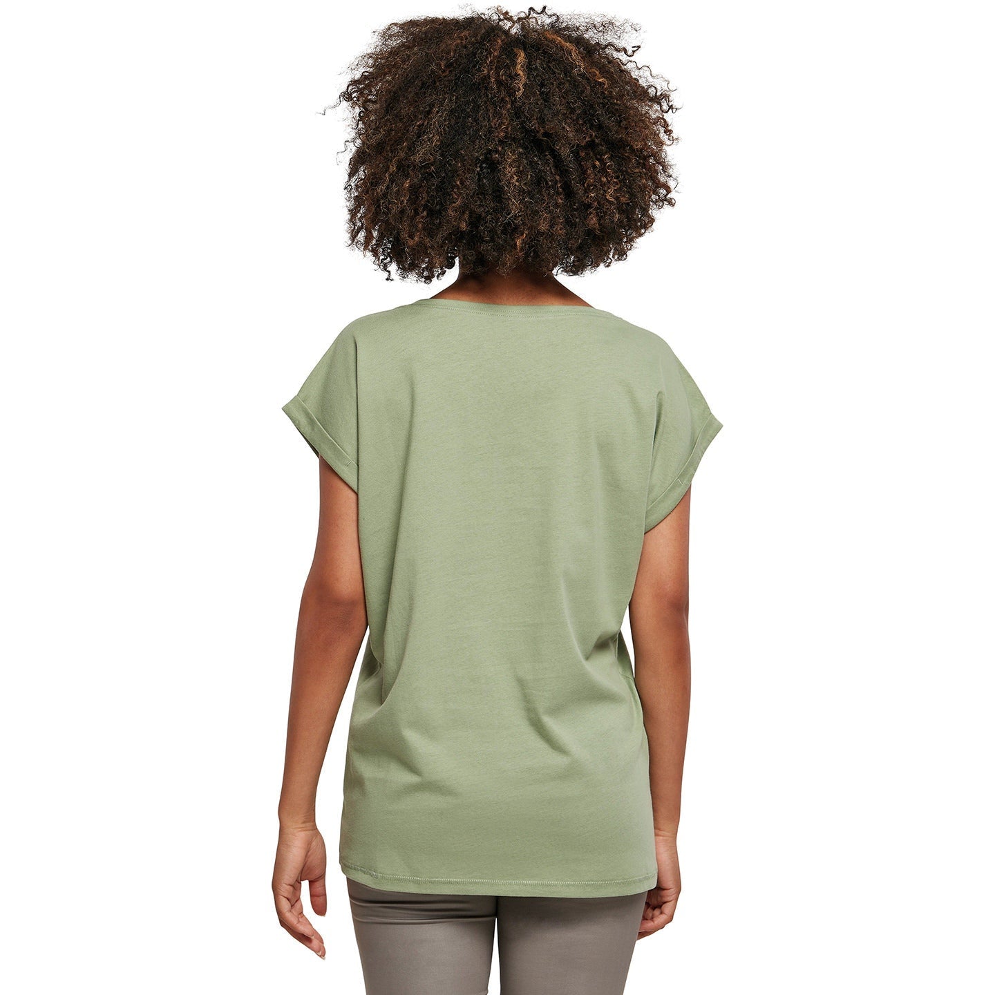 Build Your Brand Women's Extended Shoulder Tee Soft Salvia Casual Top