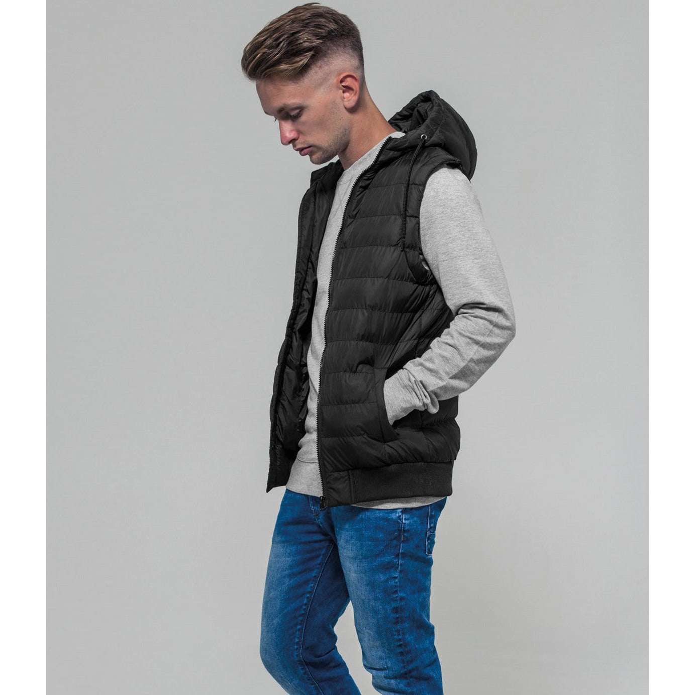 Build Your Brand Bubble Vest Quilted Hooded Lightweight Padded Streetwear