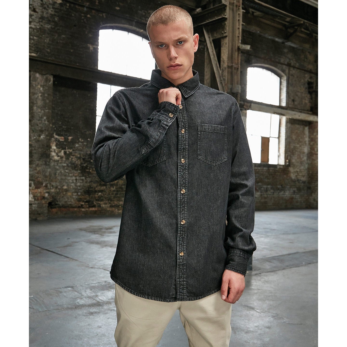 Build Your Brand Men's Denim Shirt 100% Cotton Casual Fit with Pockets