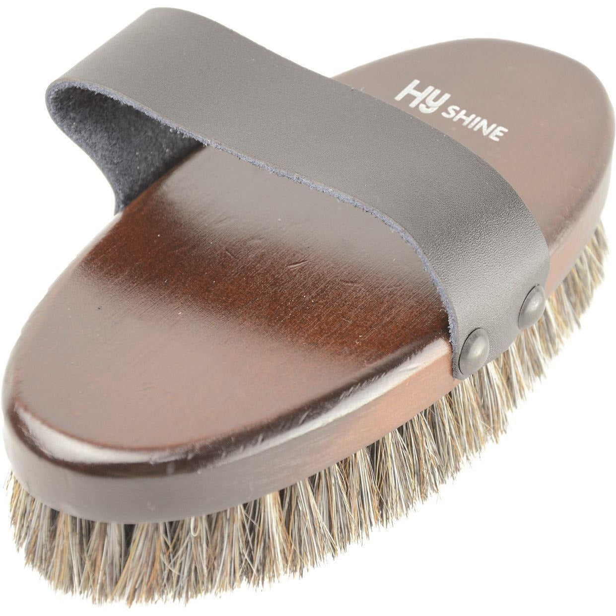 HY HySHINE Deluxe Horse Hair Wooden Body Brush with Leather Strap