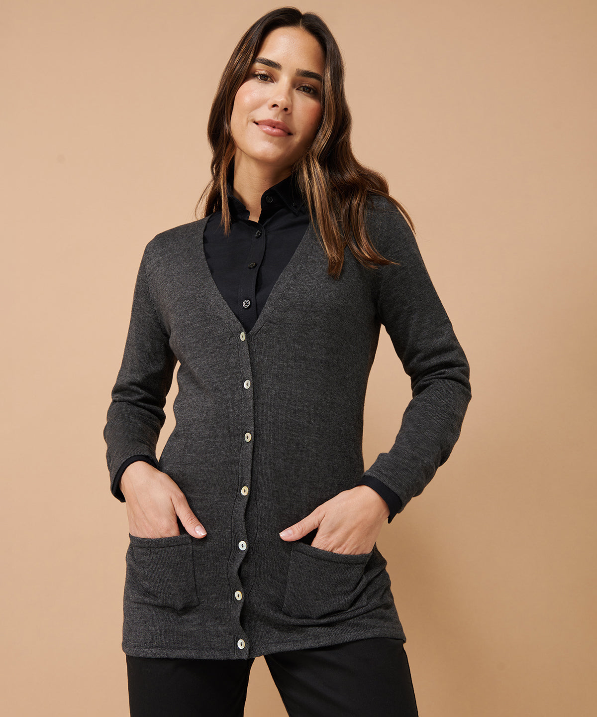 Henbury Women's V-Button Cardigan Fine Knit with Pearlized Buttons and Pockets