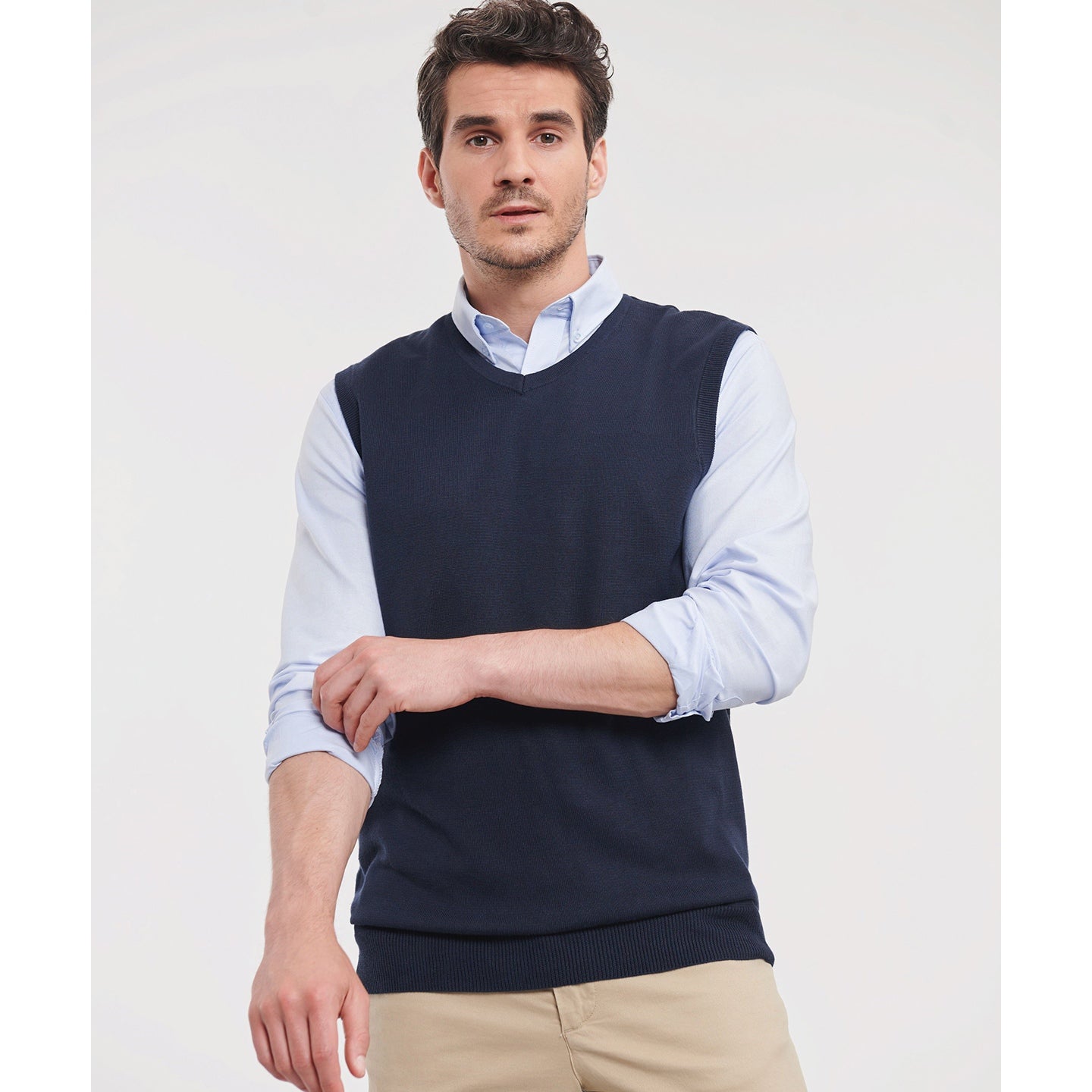 Russell Collection V-Neck Sleeveless Knitted Sweater Easy-Care Cotton Blend
