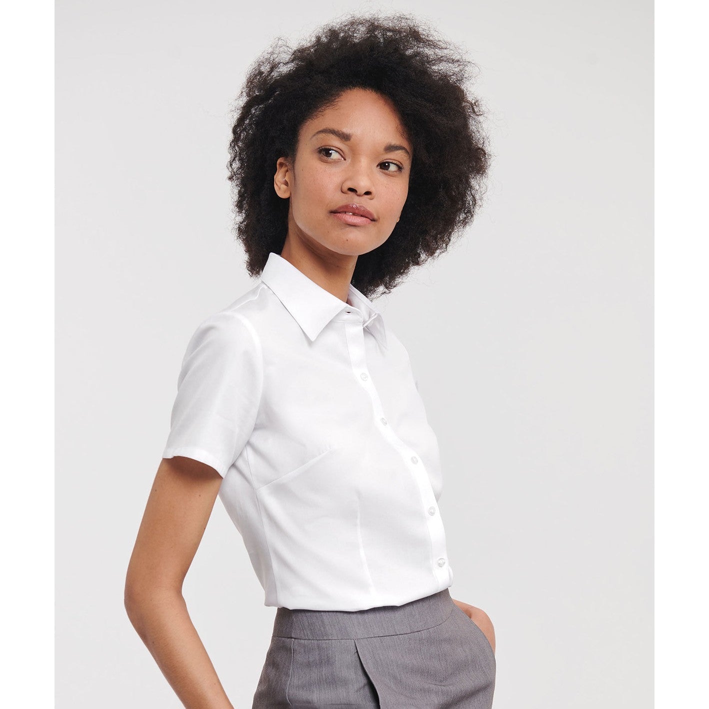 Russell Collection Women's Short Sleeve Herringbone Shirt Fitted Cotton Blend