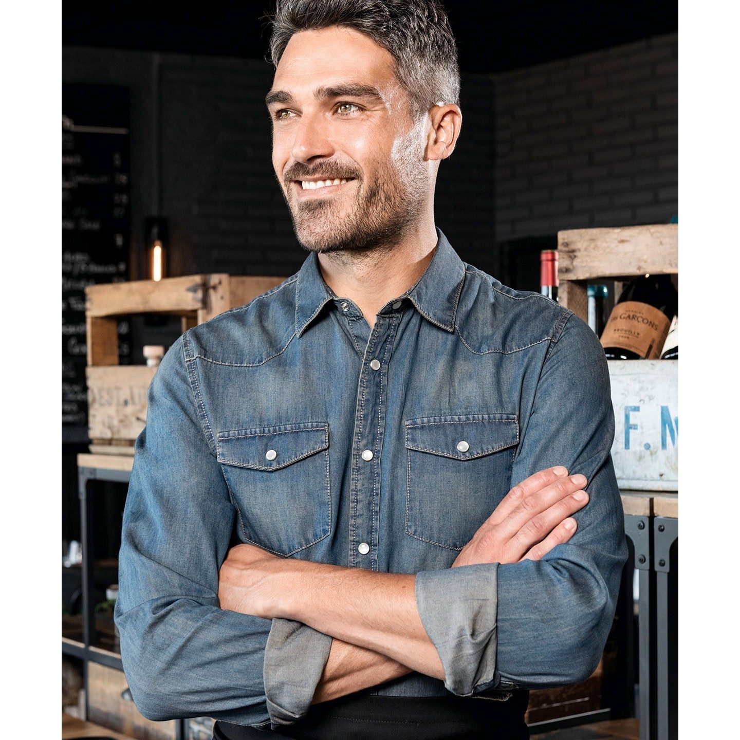 Kariban Men's Fitted Long-Sleeved Denim Shirt 100% Cotton Stud Buttons Unique