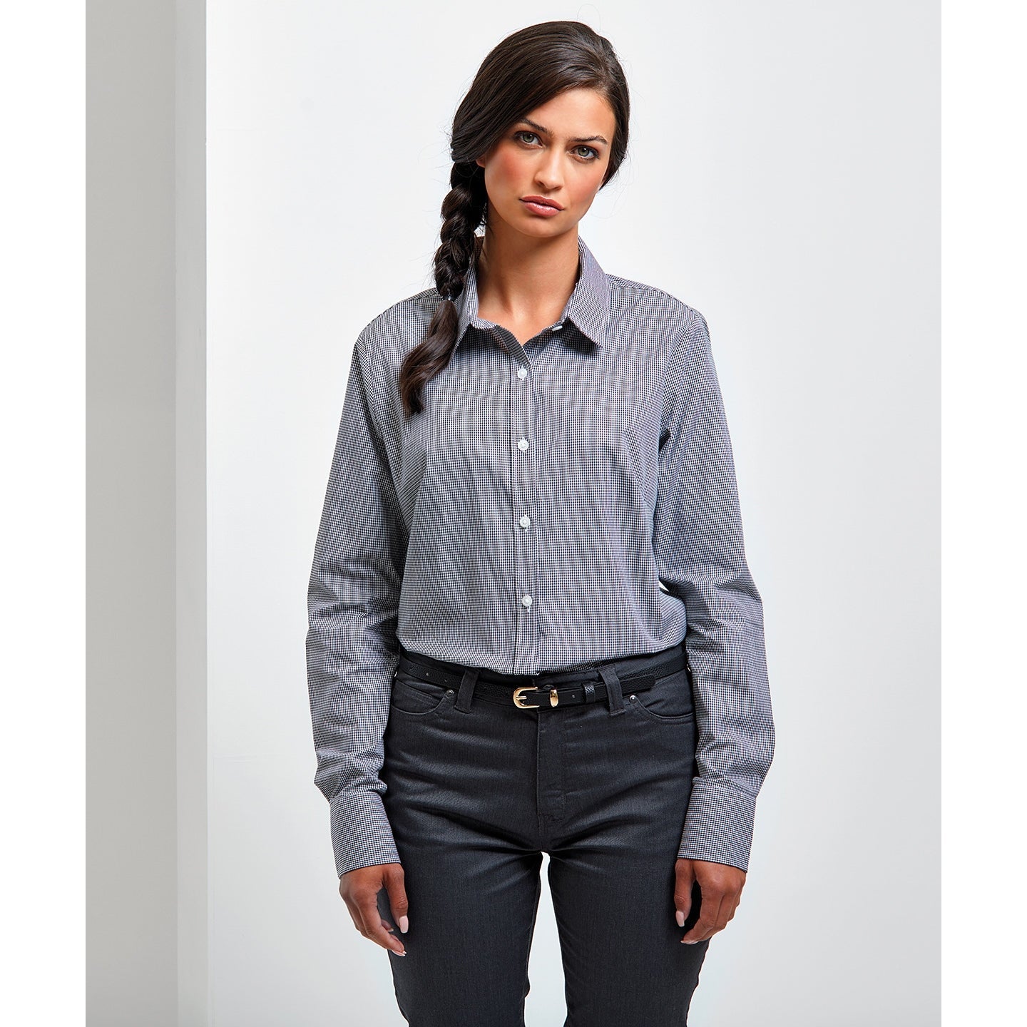 Premier Women's Long Sleeve Gingham Cotton Shirt Soft Collar Fitted Blouse