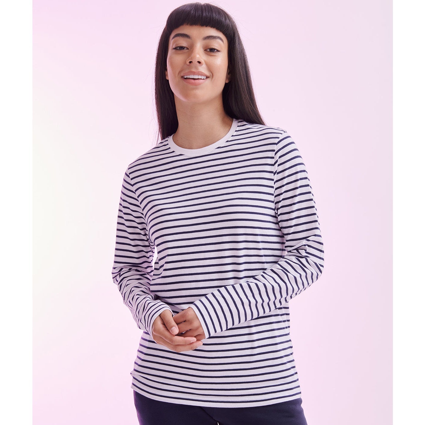 SF Unisex Long-Sleeved Striped T-Shirt Soft Cotton Regular Fit Tear-Out Label