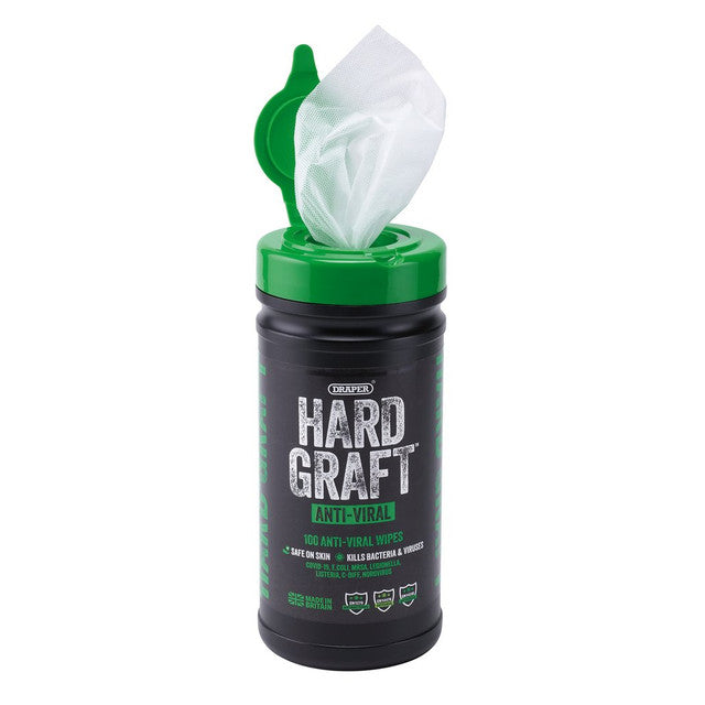 Draper Tools Hard Graft Anti-Viral Wipes Tub of 100 Multi-Purpose 200x300mm