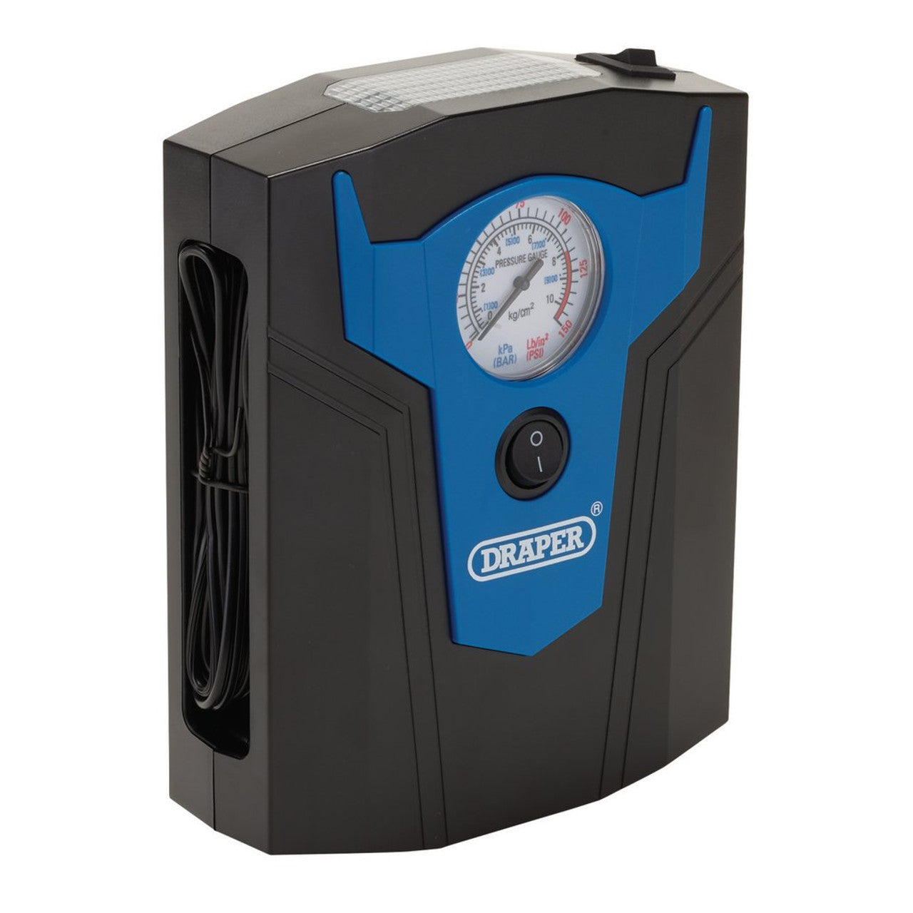 Draper Tools 12V Analogue Tyre Inflator with LED Light and Adaptors