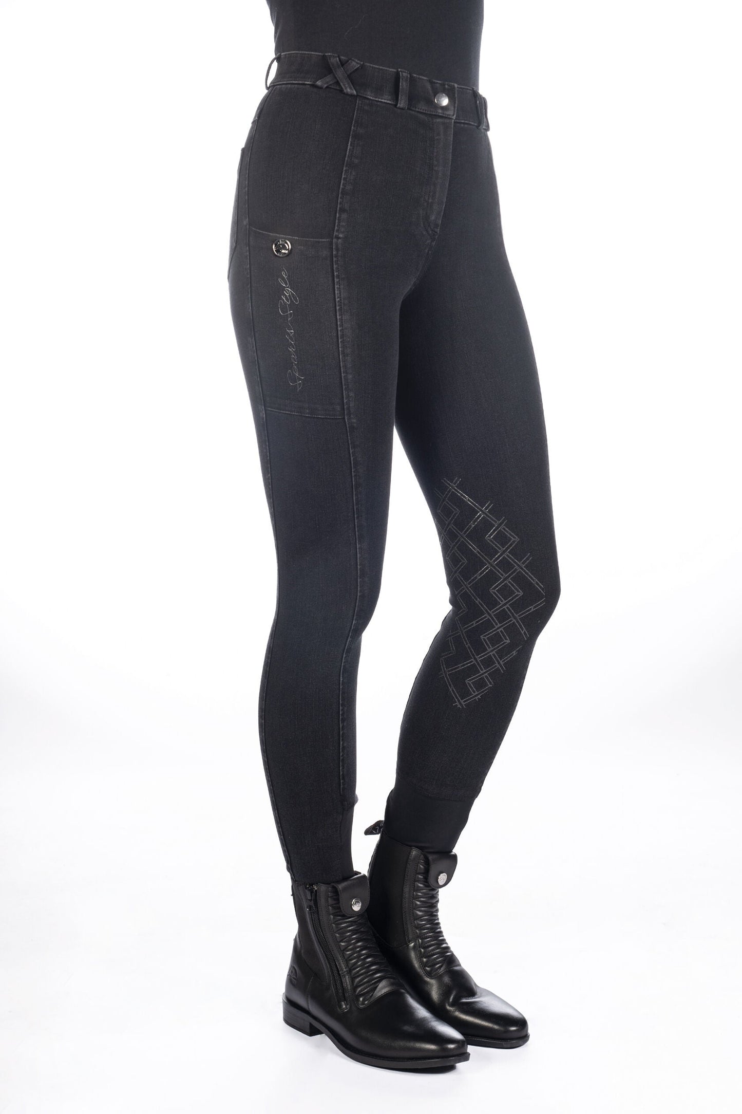 HKM Ladies Knee Patch Riding Breeches -Harbour Island Denim- Comfortable Fit